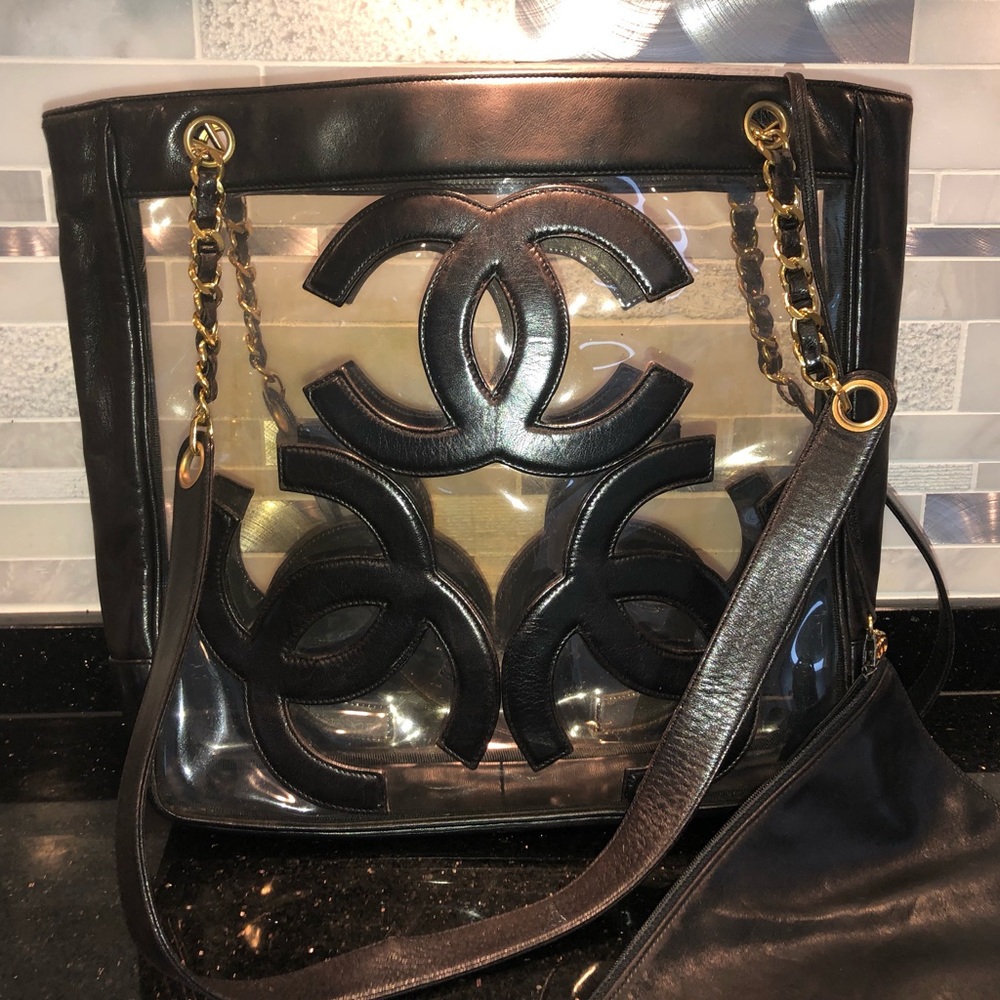 CHANEL Vintage Black & Clear PVC Logo Tote bag Gorgeous!